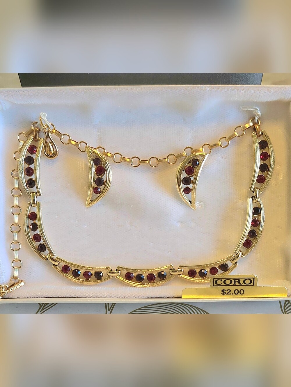 Vintage Coro Red Rhinestone Choker Necklace & Earrings In Original Box - Picture 3 of 4